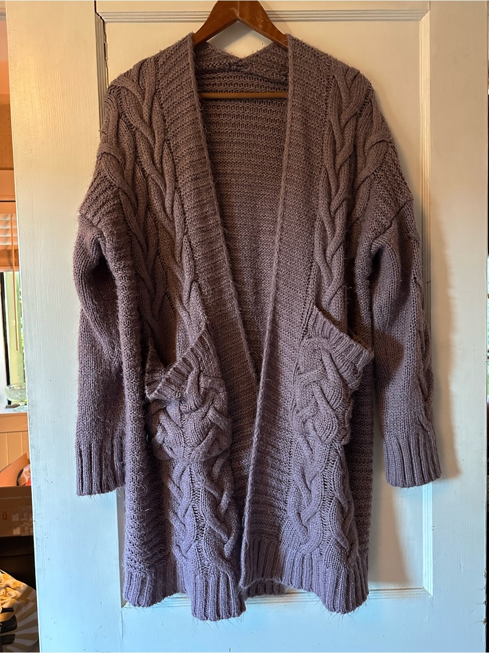 Cozy Cable-Knit Cardigan Sweater in Mauve/Lavender,  Large
